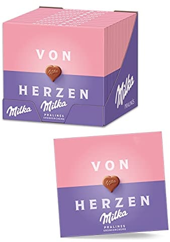Milka Hab Dich Lieb Pralinen Erdbeercreme 10 x 110g, Pralinen aus zarter Alpenmilch Schokolade gefüllt mit feinster Erdbeercreme