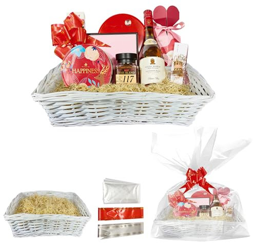 ADEPTNA Premium Wicker Gift Hamper Create your Own Festive Present – Includes Smooth Rectangle Basket Ribbon Wood Wool and Cellophane Beg (WHITE)