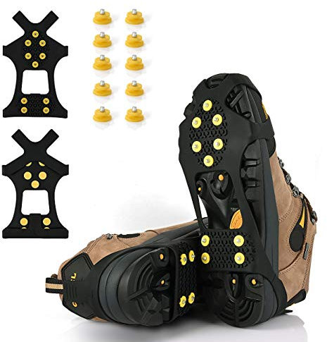 BETLLEMORY Ice Cleats, Ice Grips Traaction Cleats Grippers Anti-Rutsch Over Shoe / Boot Rubber Spikes Steigeisen mit 10 Stahlnieten Steigeisen + 10 Extra Stollen (Medium, Schwarz)