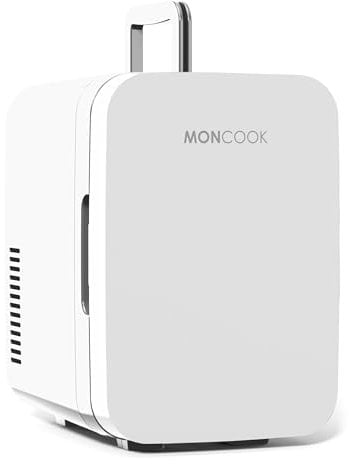 MONCOOK Mininevera para Dormitorio - Pantalla Led - Minifrigorifico con Puerta De Cristal para Productos De Belleza, Alimentos Y Bebidas - Funcion De Enfriamiento Y Calentamiento - 6L Blanco