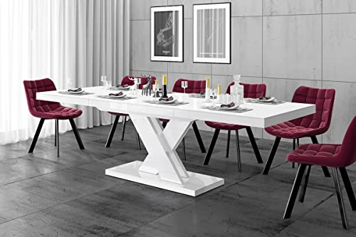 Design Esstisch HEN-111 Weiß Hochglanz ausziehbar 160 cm bis 256 cm Esszimmertisch für bis zu 10 Personen Hochglanz Funktionstisch modern vielseitig Esszimmer erweiterbar zeitlos