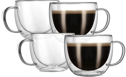 CNGLASS Double Walled Glass Coffee Mugs 240ml/8.1oz, Clear Thermo Coffee Cups Set of 4, Insulated Glass Mugs with Handle