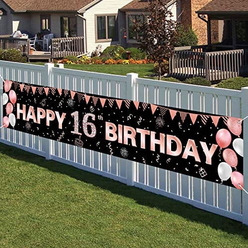 AOLOA 16th Bday Banner for Girls, Super Large Happy 16th Bday Party Decor Black & Rose Gold, Outdoor Bday Banner Backdrop Background Photo Booth for Sweet Sixteen Bday, 40x210cm