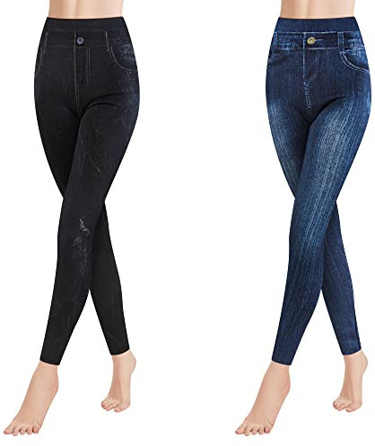 Libella Damen Jeansoptik Leggings Hohe Taillen Leggings mit Bund Mode Shaping Leggins Dehnbar Formende Treggings Streetwear Hosen 4162 2er Pack C+F S/M