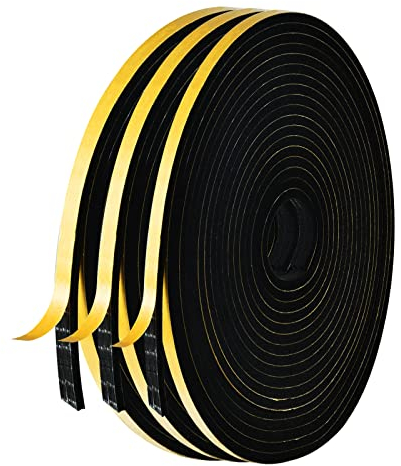 AiQInu Guarnizione Finestra Autoadesiva,3 Rotoli 12x6mm 15m Schiuma Nastro Paraspifferi Porta, Alta Densità Neoprene Adesivo Isolamento Nastro Sigillante per Anti Freddo, Rumore e Collisione