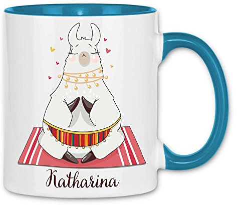 wowshirt Tasse Personalisierte Geschenk-Idee Lama Alpaka Eigener Name Meditation Relax, Farbe:White - Light Blue