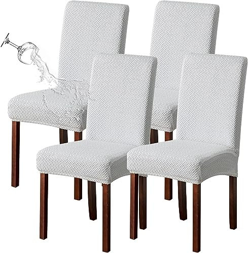 KELUINA Stretch Wasserabweisende Twill Jacquard Esszimmer Stuhlhussen Home Decor, Stuhlhussen für Esszimmerstühle Restaurant Hotel Zeremonie (Weiß, 4 Stück)