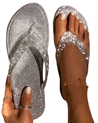 Onsoyours Damen Hausschuhe Flip Flops Hausschuhe im Freien Funkelnder Glitzer Paillette Flacher Absatz Offene Spitze Halbschuhe Einfarbig G Silber 40 EU