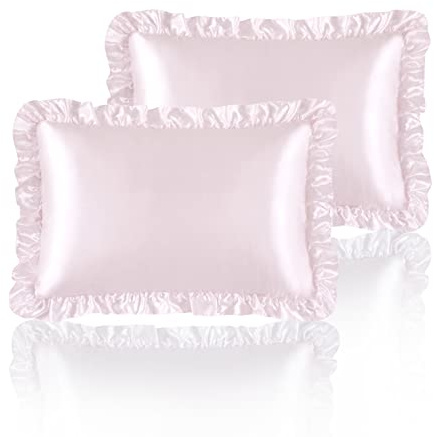 HommxJF Set di 2 federe per cuscini in raso setoso con volant, per capelli e pelle, rosa cipria, con chiusura a busta, decorazione per la stanza delle principesse