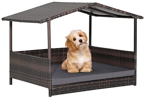 GYMAX Wicker Pet House, Indoor Outdoor Raised Rattan Dog Bed with Removable Cushion, Sloping Roof and Elevated Floor, Weather Resistant Puppy Shelter for Living Room, Yard & Garden (Gray Cushion)