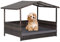 GYMAX Wicker Pet House, Indoor Outdoor Raised Rattan Dog Bed with Removable Cushion, Sloping Roof and Elevated Floor, Weather Resistant Puppy Shelter for Living Room, Yard & Garden (Gray Cushion)