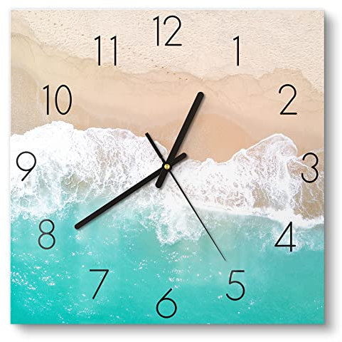 DEQORI Glasuhr | 30x30 cm | Motiv Wellen brechen am Strand | ausgefallene leise Design Uhr aus Glas | Wanduhr für Wohnzimmer & Küche | moderne Hingucker Uhr für die Wand