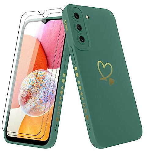 Vauki Hülle für Samsung Galaxy A14 5G mit 2 Stück Schutzfolie Handyhülle Mädchen mit Herz Motiv Muster Weiches Dünne Silikon TPU Stoßfest Kratzfeste Case Kompatibel mit Samsung A14 5G,Grün