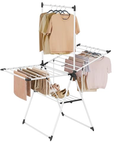 SONGMICS Clothes Drying Rack, Foldable 2-Level Laundry Drying Rack, Free-Standing Airer, 1 Additional Tall Hanging Bar, 2 Height-Adjustable Wings, 24 Drying Rails, Space Savng, Simply White ULLR521W01