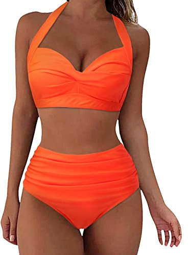 Swimming Costume Women Wrap Bikini Set Push Up High Waisted 2 Piece Solid Swimsuits Vintage Criss Cross Bathing Suits Sexy Bikinis Halterneck Beach Wear Orange