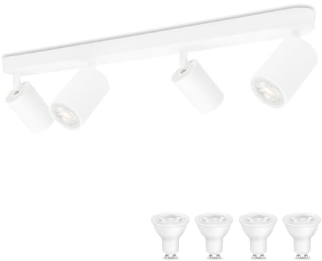 KYOTECH Weiß 4-flammige Spotlampe 5W LED Deckenleuchte Weiss Deckenlampe Schwenkbar und drehbar inkl. Leuchtmittel GU10 3000K Warmweiß Deckenspots für Küche, Schlafzimmer, Wohnzimmer