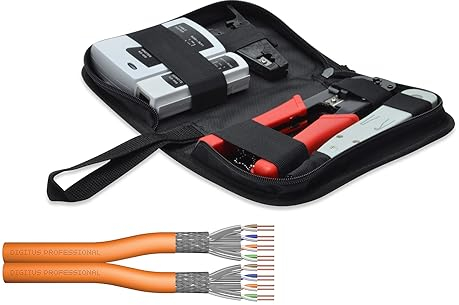 DIGITUS Set: Cat-7 Verlegekabel 100 m + Werkzeug: Crimpzange, LSA-Auflegewerkzeug, Kabel-Tester, Schneid-& Abmantelwerkzeug // Ethernet-Kabel Cat.7 S-FTP PiMF Duplex BauPVO Dca LSZH 1200 MHz AWG 23/1