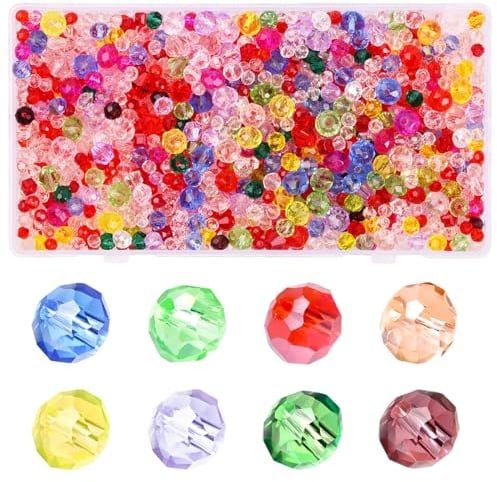 1000 Faceted Glass Beads with Storage Box, 4/6/8mm Crystal Glass Beads for Jewelry Making Set DIY Craft Projects