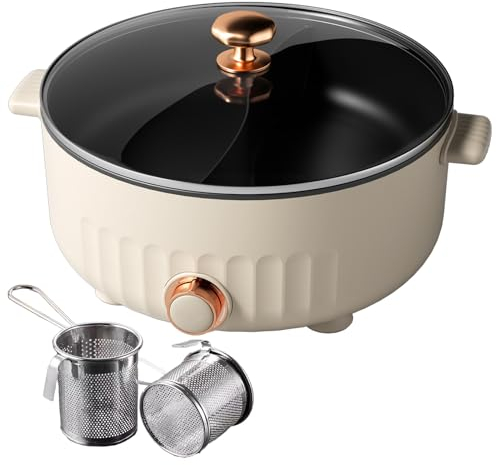 ARTSIM Appareil Fondue Chinoise, 6 litres, 1350 Watts, 30cm De DiamèTre Faitout 2 Compartiment Convient Aux FêTes d'anniversaire (avec 2 Filets Non éTanches),White