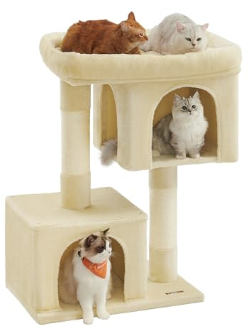 Feandrea Kratzbaum, 101 cm Katzenbaum, XL, Katzenhaus für extra große Katzen bis zu 20 kg, große Plattform, 2 Katzenhöhlen, Sisalstämme, beige PCT614M01