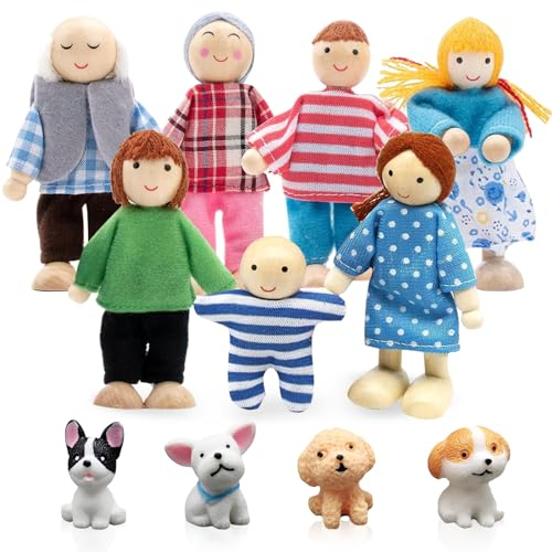 ATSGJLZN Puppenhaus Puppen,7er Biegepuppen Familie,Puppenhäus Figuren mit 4er Hund,KleinePuppenfiguren, Puppenhaus Zubehör Holz für Puppenstube Geschenk