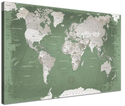 Stilvolle Pinnwand Weltkarte - Salbei - Deutsch in 100 x 70 cm, stabile Rückwand zum Pinnen inkl. Starterkit - Leinwand-Kunstdruck Wandbild Landkarte XXL