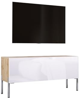 3E 3xE living.com TV- Schrank in Wotan Eiche/Weiß Hochglanz mit Beinen in Chrom, A: B: 100 cm, H: 52 cm, T: 32 cm