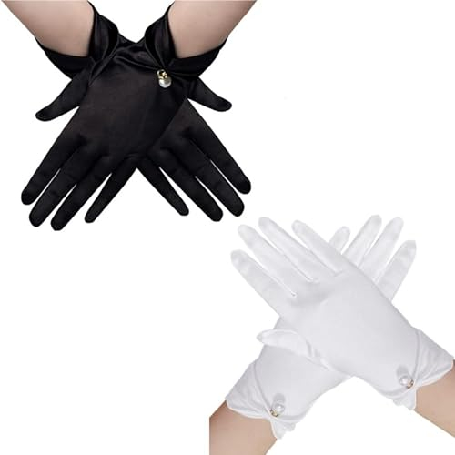 EUPSIIU 2 Stücke Kurze Handschuh, Damen Satin Handschuhe, Spitze Handschuhe, Braut Handschuhe, Elegant Blumen Handschuh, Schutz Fahrhandschuhe, für Hochzeit Opernessen (Schwarz, Weiß, Einheitsgröße)