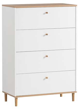 Lomadox Schubladenkommode mit 4 Schubladen in weiß matt mit Eiche Schrank Schlafzimmer Schlafzimmerschrank