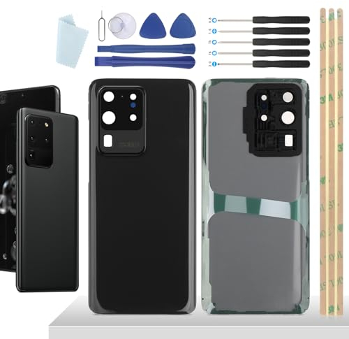 YHX-OU Copribatteria nero per Samsung Galaxy S20 Ultra 5G SM-G988B SM-G988U cover posteriore in vetro di ricambio posteriore set di riparazione 6.67'' con obiettivo fotocamera + attrezzi
