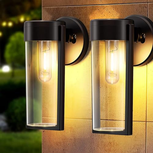 2 Pack Applique Murale Exterieur Solaire, IP55 Étanche, Lampe Murale LED Blanc Chaud, Éclairage Extérieur pour Jardin, Terrasse, Balcon, Porte, Garage, Couloir, avec Abat Jour en Verre Transparent