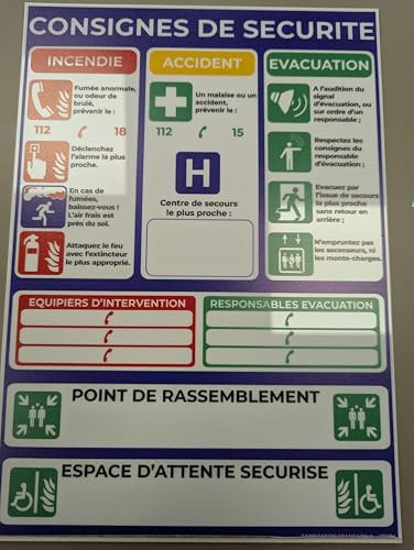 Panneau d'Instructions de Sécurité, Consignes pour Incendie, Accident, Évacuation