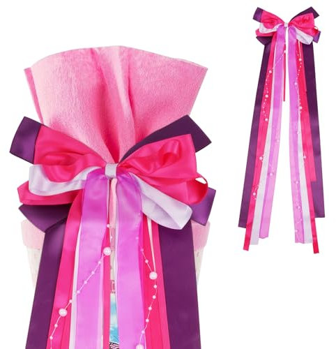 HOTUT Handgemacht Satinband Deko Schleifen, Große Fertigschleife, Schultütenschleife 60×20cm, Satin-Schleife zum Basteln Dekorieren Verzieren Geschenkverpackung-Rosarot