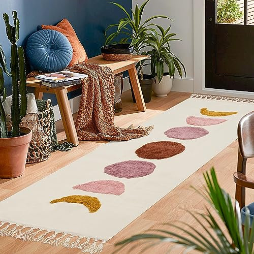 LINROMIA Teppich Läufer Flur Lang 60x180 cm, Boho Beige Mond Getuftet Baumwollteppich mit Gewebt Quasten, Waschbarer Teppich für Badezimmer Küche Wohnzimmer Schlafzimmer Flur Esszimmer