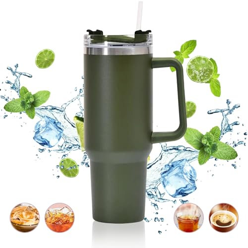 ALOUFEA Travel Mug Coffee Cup 40oz Tumbler Straw Lid and Handle, Stainless Steel Insulated Water Bottle - Leakproof, Insulated Water Bottle with Handle and Straw Cup for Home, Office, Car, Travel