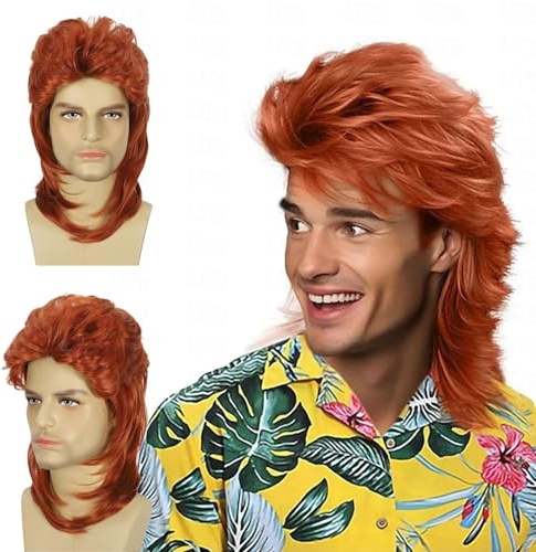 FOUNSHO Red Mullet Wig For Men Women, 80s Long Curly Wig Funny Rocker Wig | Fancy Dress Wigs For Men Adults, Men's Pop Rock Wigs 90s Costumes Rocking Fancy Dress Party Mullet Wig Carnival Halloween
