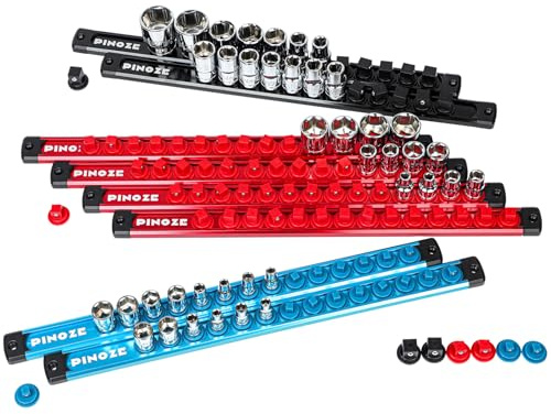 PINOZE 8PCS Magnetic Socket Holder Organizer Set - 1/4, 3/8, 1/2 - Aluminum Alloy Socket Rail Trays for Tool Box Drawer, Socket Rack Kit with 114Pcs Clips for Automotive Garage(Blue Red Black)