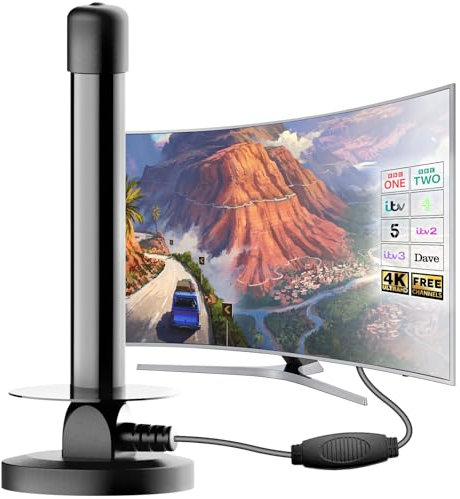 Indoor TV Aerial - Freeview Aerial with Signal Booster, Strong Magnetic Base for Easy Setup, 4K/1080P Smart TV Aerial, Universal Compatibility