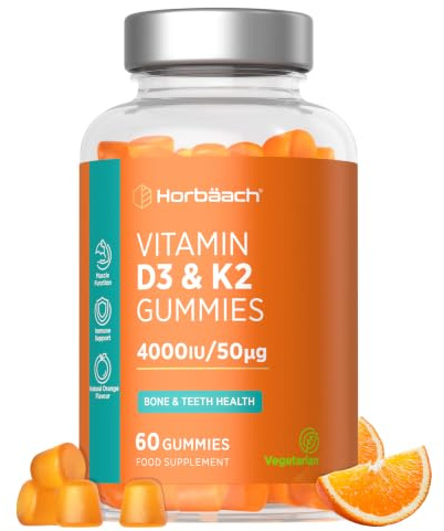 Vitamin D3 K2 Gummies | 60 Count (2 Months Supply) | High Strength 4000iu Vitamin D3 and 50ug Vitamin K2 MK7 | Palm Oil Free, Natural Orange Flavour | Vegetarian | By Horbaach