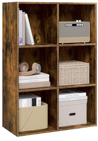 WOLTU Bücherregal mit 6 Fächern, Würfelregal Standregal, Regal für Wohnzimmer Arbeitszimmer Schlafzimmer Büro, rustikales Braun, 29x89x59,6 cm