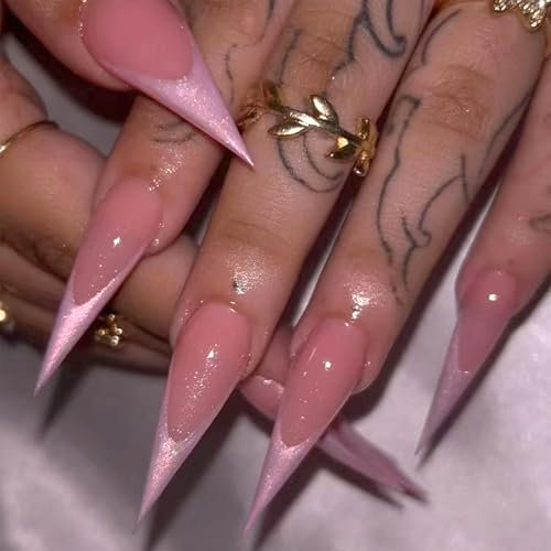NICENEEDED 24PCS French Long Stiletto Press on Nails, Full Cover Stick on Nails Reusable False Nails for Women