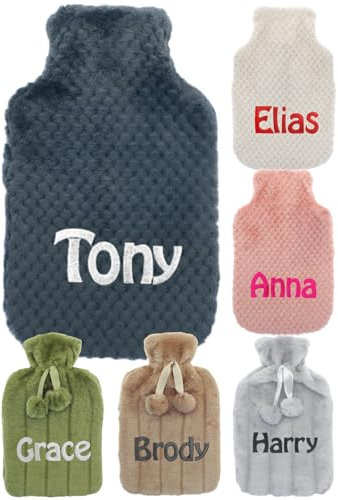 Personalised Hot Water Bottle with Soft Faux Fur Cover + Pom Poms Gift for Cozy Nights Pain Relief for Back Neck and Shoulders Great Gift 2 Liter (Grey Waffle)
