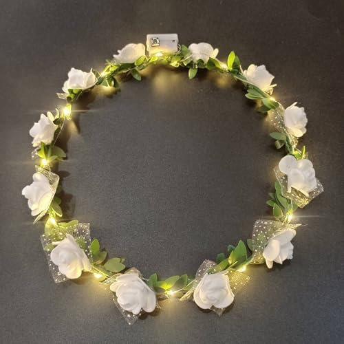 LED Haarschmuck Leuchtender Kranz, Leuchtende Blumengirlande, Halloween Party Kopfschmuck für Frauen LED-Haarkranz-Stirnbänder Blumenkopfschmuck für Bräute(Weiß)
