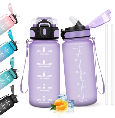 HoneyHolly Gourde Paille, 500ml, sans BPA & Étanches, Bouteille, Motivation Bouteille d'eau, Avec Marqueur de Temps, Petite Gourde pour Gym, Ecole, Cyclisme, Plein Air, Sport