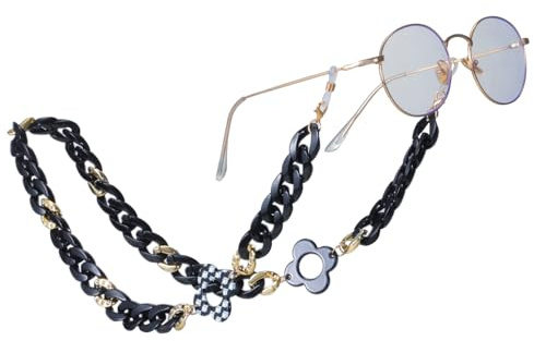 Dreamtimes Chaîne à lunettes avec porte-lunettes en acrylique noir réglable élégant pour femmes et hommes, support de lunettes léger