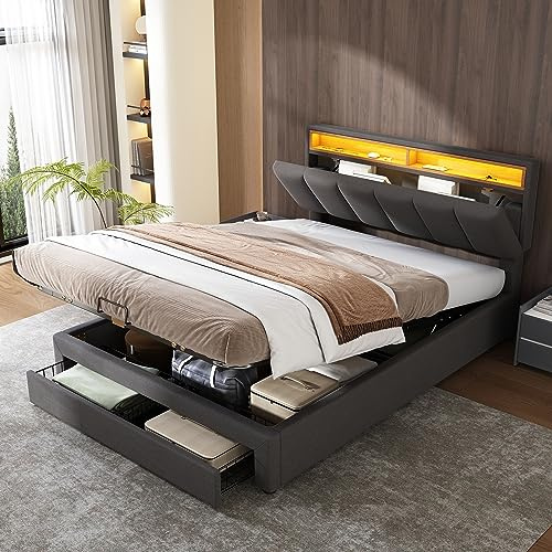 BTM Double Bed with 2 Drawers, Height-adjustable Stowable Foam Headboard, Hydraulic Storage Bed Box, Upholstered Double Bed Frame with LED Lighting, 135x190cm-4ft6, Linen, Grey