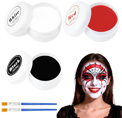 Halloween Schminke Gesichtsfarbe Face Paint mit Makeup Pinsel Tattoos Theaterschminke Body Paint für Halloween Zombie Skelett Vampir Make Up,Fasching,Kunsttheater,Cosplay Clown (Schwarz Weiß Rot)
