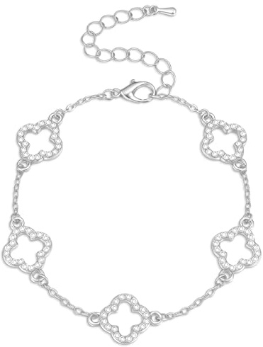 J.Fée Kleeblatt Armband Kleeblatt Kette Silber 925 Ohrringe Armbänder Damen Klee-Halskette Damen mit Cubic Zirkonia, Schmuck Geschenke für Frauen,Gold, Silber