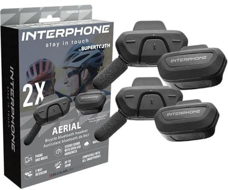 INTERPHONE Aerial Dual-Fahrrad-Gegensprechanlage für die Kommunikation zwischen 2 Fahrern bis zu 300 m, Gegensprechanlage für Fahrradhelm mit Bluetooth für GPS, Musik und Anrufe, wasserdicht und mit