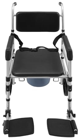 Duschstuhl Mobiler Toilettenstuhl für Senioren Klappbarer Nachtstuhl Höhenverstellbar 46–51 cm Toilettenrollstuhl mit Armlehne Rückenlehne und Toiletteneimer, bis 150kg